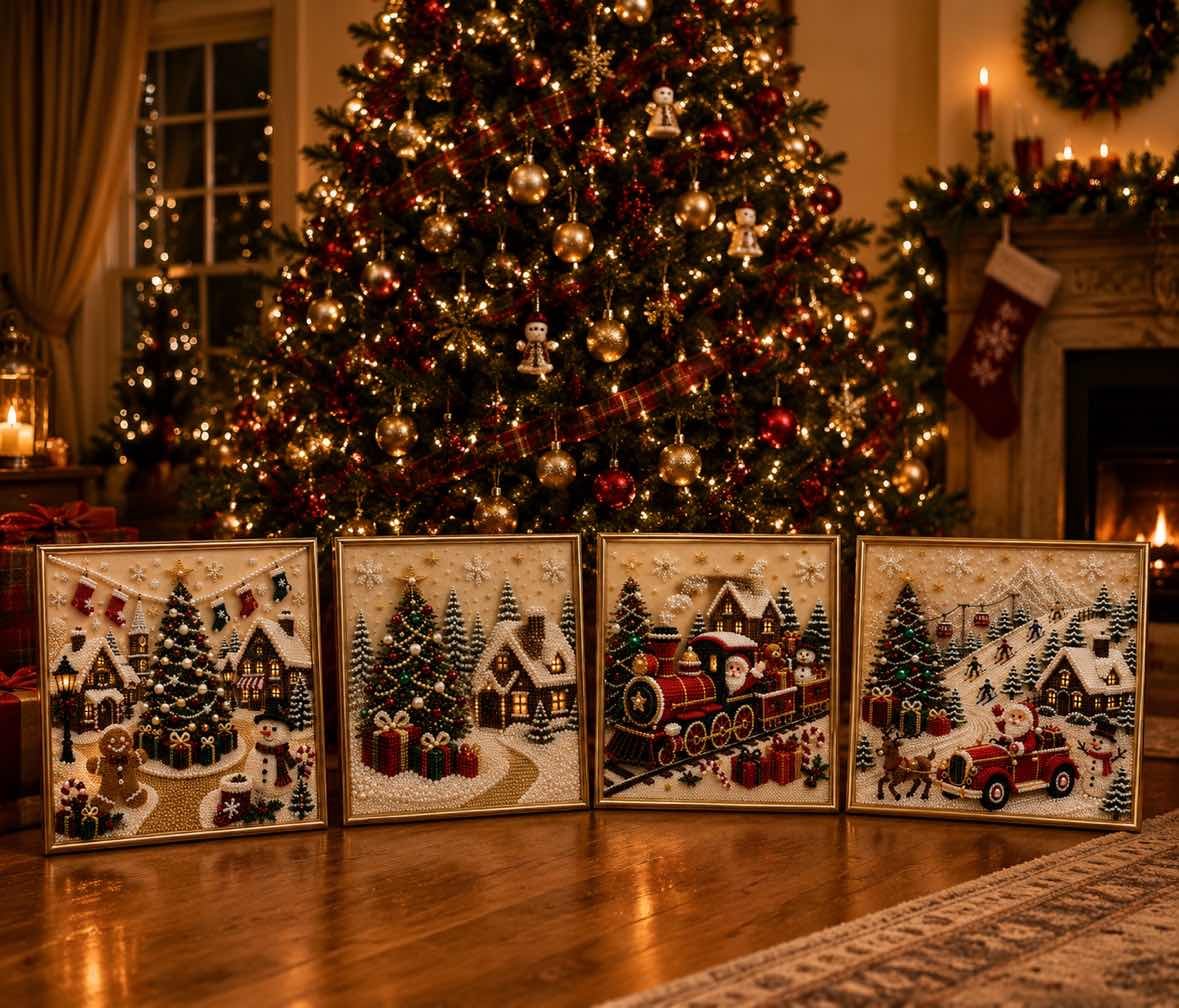 🎄🎅 Premium 3D Pearl Christmas Wall Art Kit | Luxury Flocked Canvas with Scratch-Resistant Non-Fading Pearl Beads DIY Holiday Decor⛄️❄️