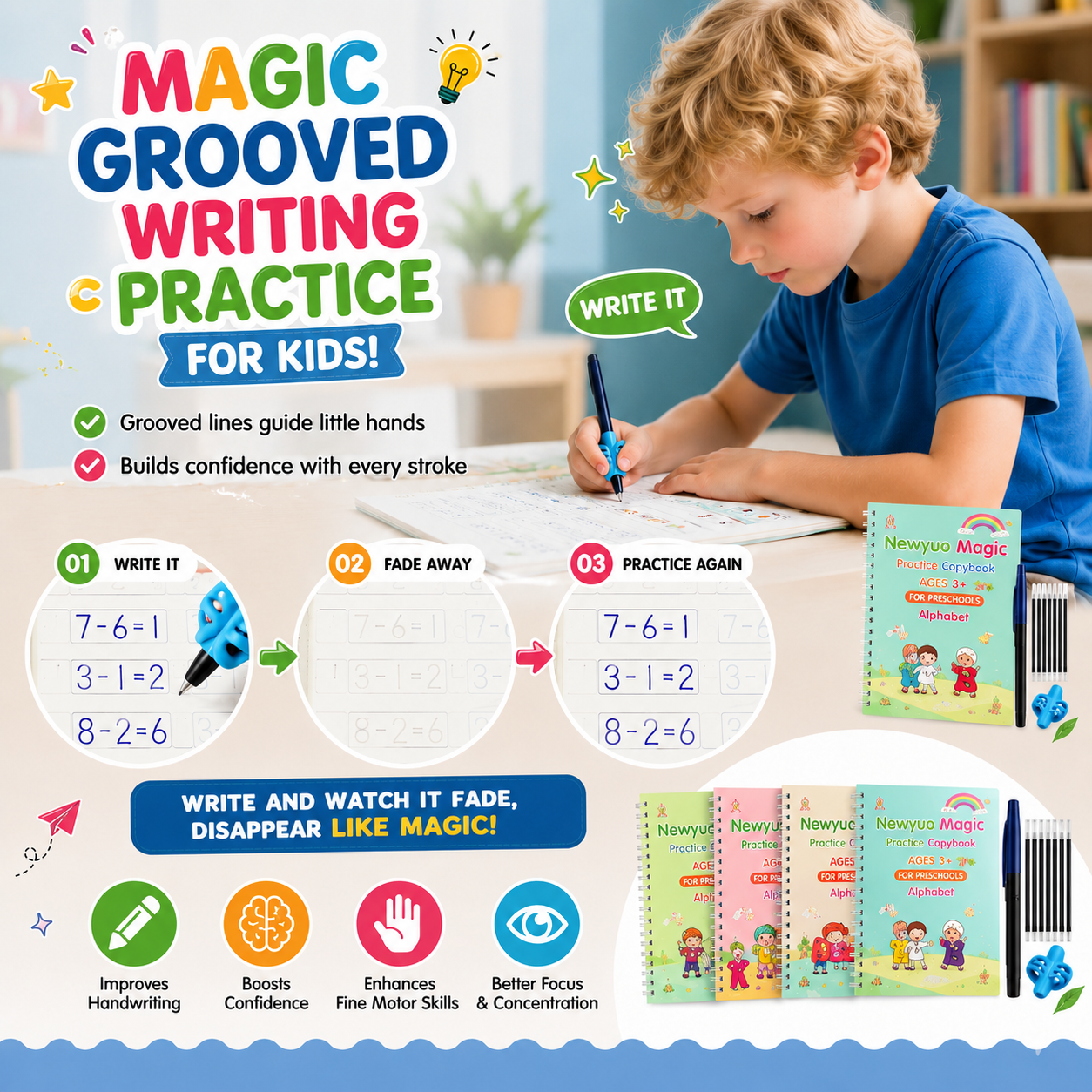 LAST DAY SALE 50%OFF💥📚Magic Writing Practice | Kids Practice Copybook Set (4Pcs/Set)