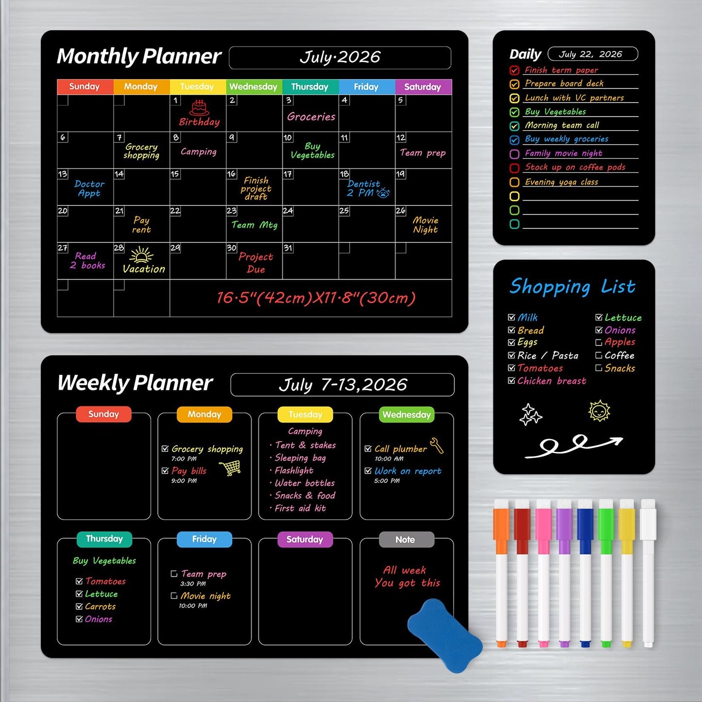 🧲 Magnetic Weekly Fridge Planner – Black Dry Erase Calendar Board for Kitchen Organization