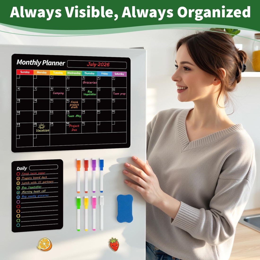 🧲 Magnetic Weekly Fridge Planner – Black Dry Erase Calendar Board for Kitchen Organization
