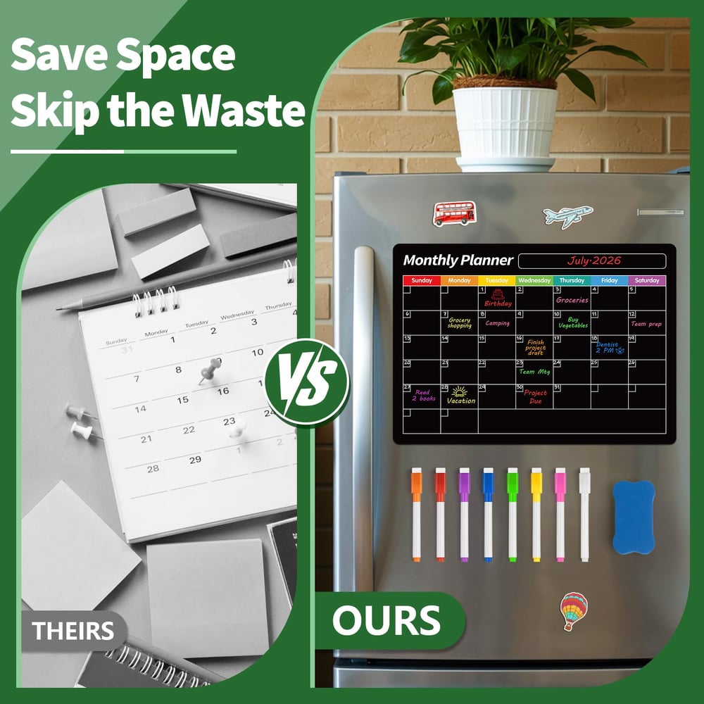 🧲 Magnetic Weekly Fridge Planner – Black Dry Erase Calendar Board for Kitchen Organization
