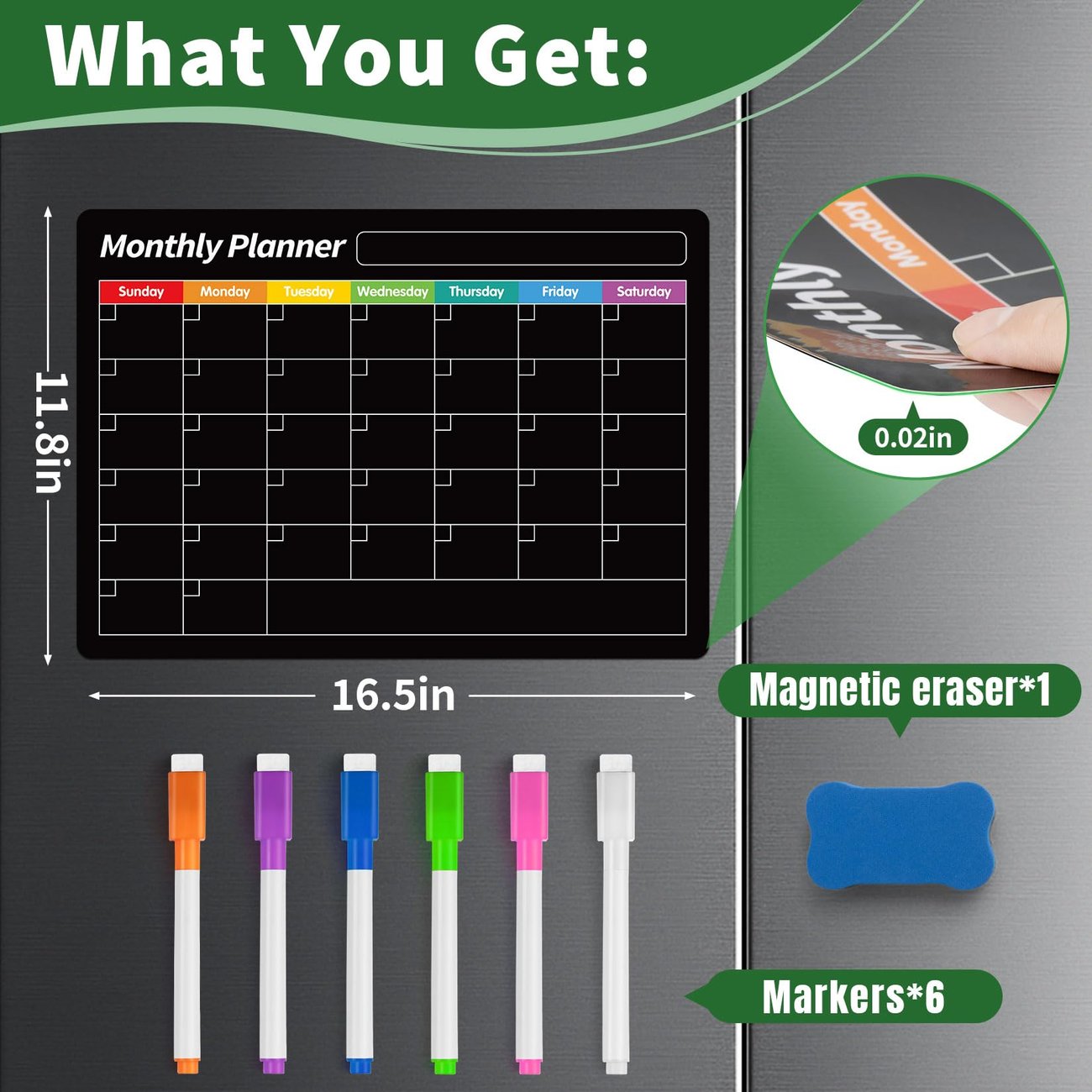 🧲 Magnetic Weekly Fridge Planner – Black Dry Erase Calendar Board for Kitchen Organization