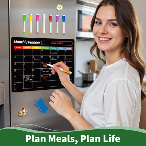 🧲 Magnetic Weekly Fridge Planner – Black Dry Erase Calendar Board for Kitchen Organization