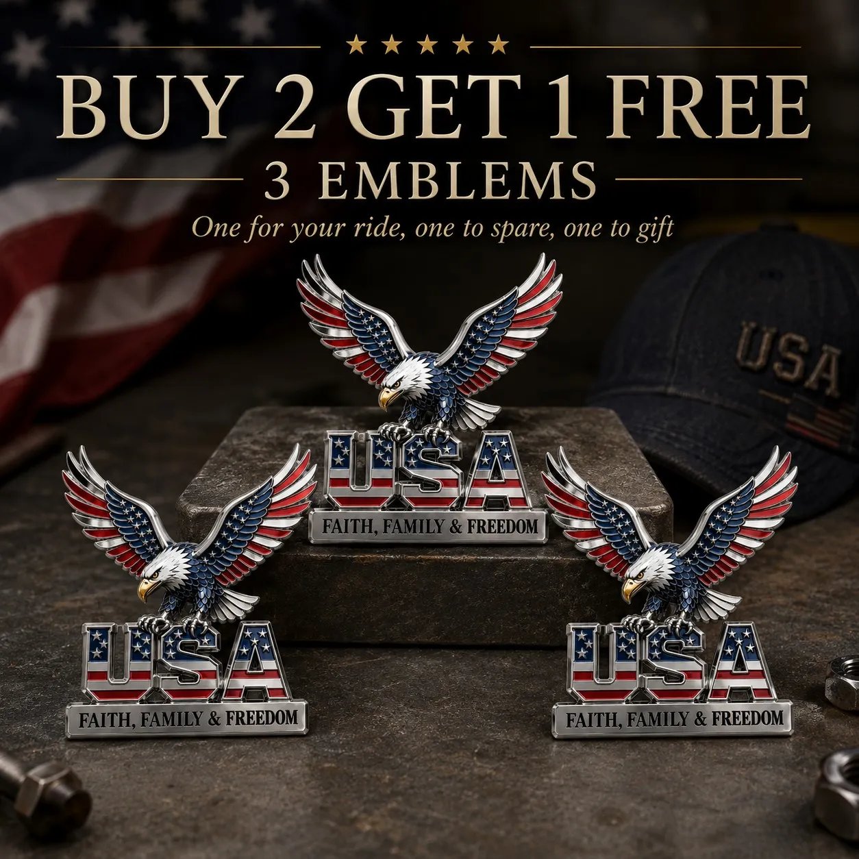 250th Anniversary 50% OFF - ★USA Faith, Family & Freedom★ Metal Emblem
