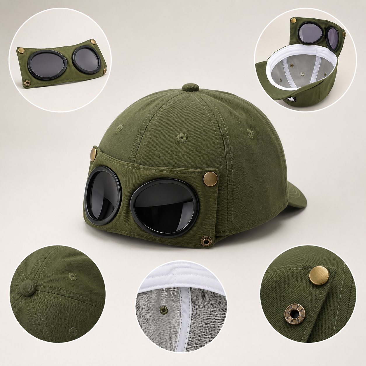 Detachable Goggle Pilot Baseball Cap Vintage Washed Cotton Hat for Street Fashion & Daily Outfit