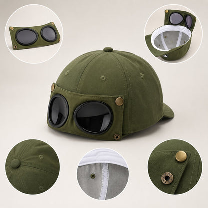 Detachable Goggle Pilot Baseball Cap Vintage Washed Cotton Hat for Street Fashion & Daily Outfit