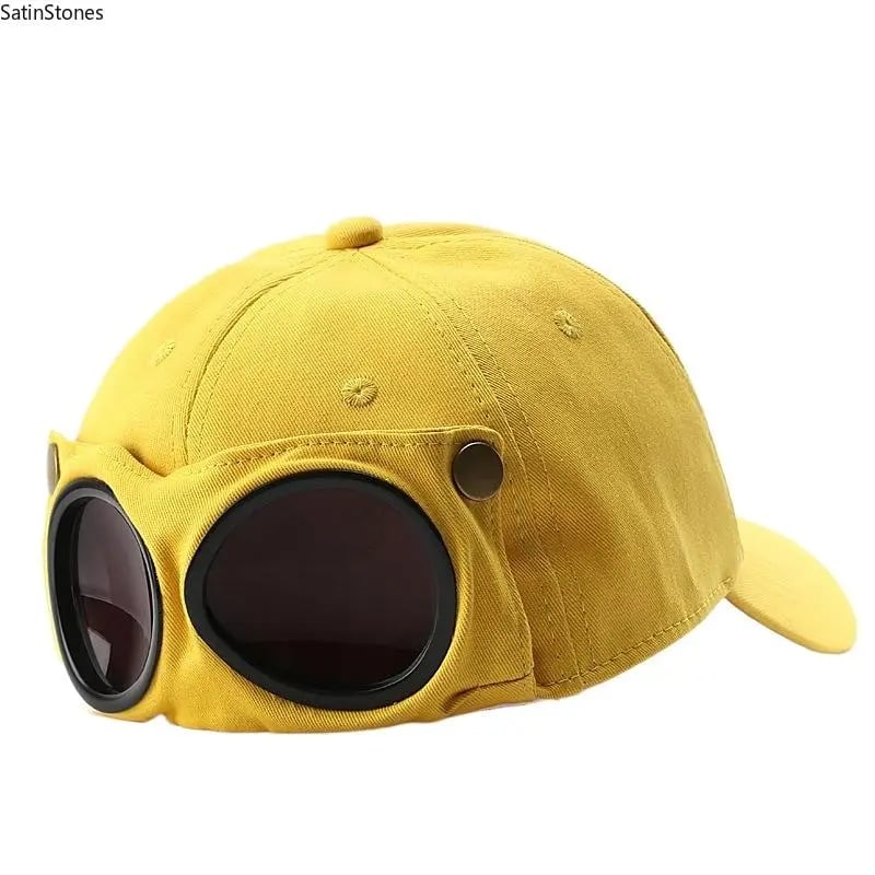 Detachable Goggle Pilot Baseball Cap Vintage Washed Cotton Hat for Street Fashion & Daily Outfit