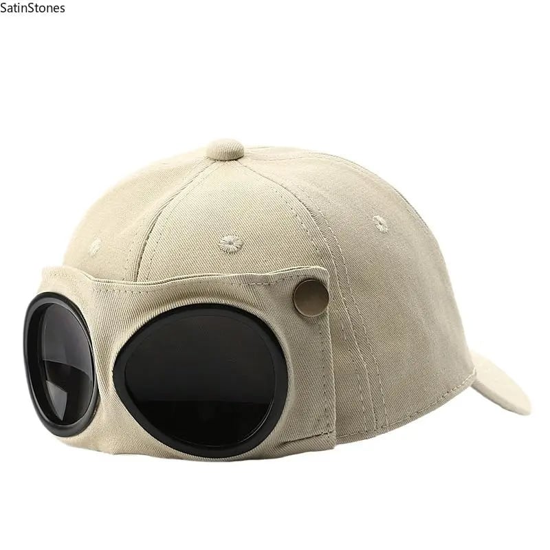 Detachable Goggle Pilot Baseball Cap Vintage Washed Cotton Hat for Street Fashion & Daily Outfit