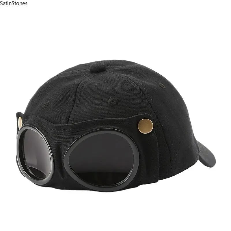 Detachable Goggle Pilot Baseball Cap Vintage Washed Cotton Hat for Street Fashion & Daily Outfit
