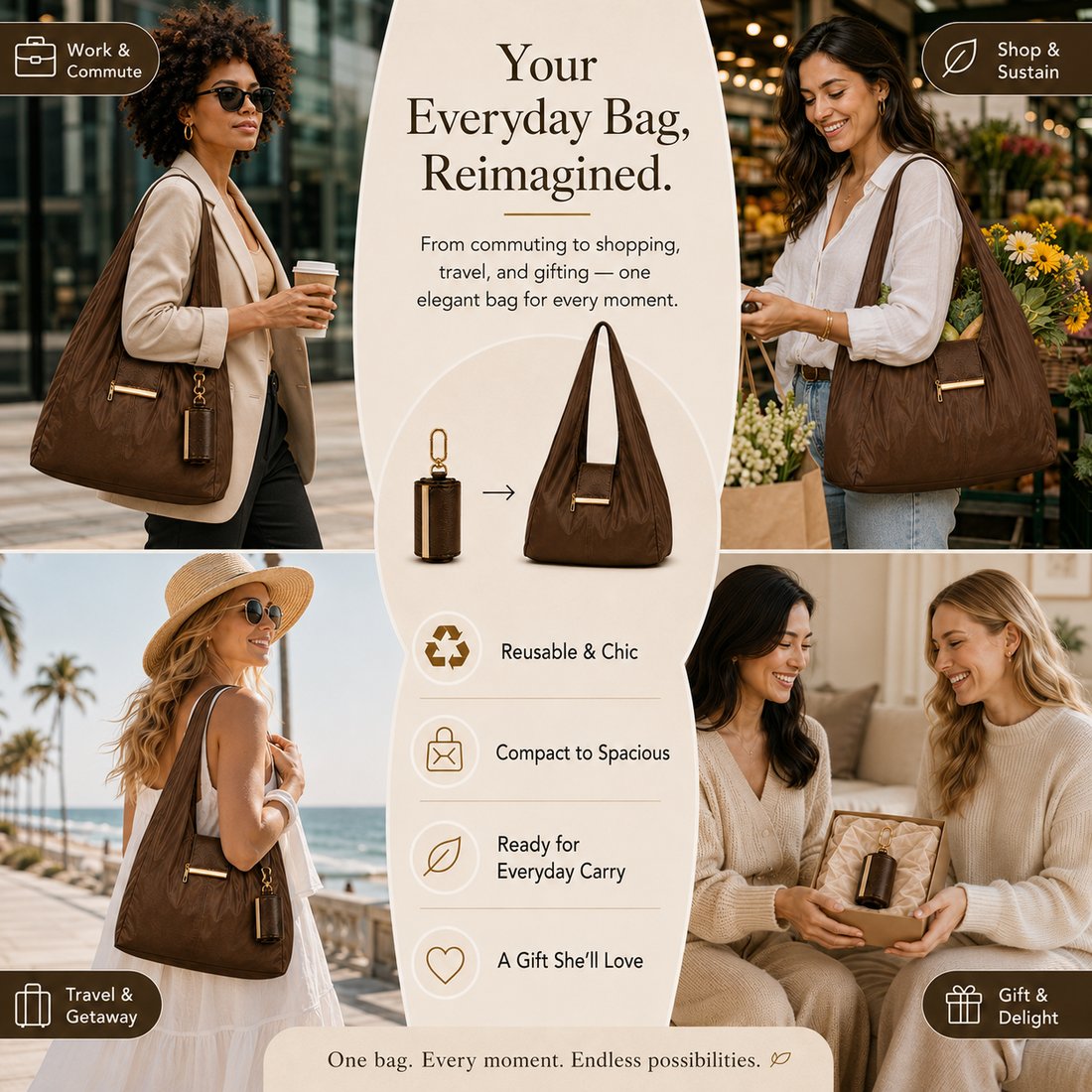 Jaxvolt®️ Charm Transformable Bag – Stylish Vegan Leather Tote & Keychain Charm