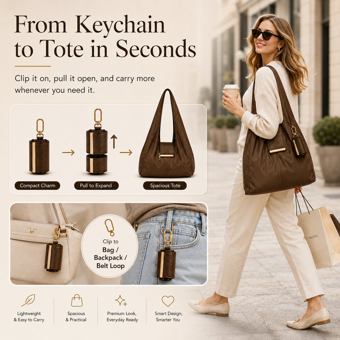 Jaxvolt®️ Charm Transformable Bag – Stylish Vegan Leather Tote & Keychain Charm